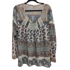 One World Womens BOHO Blouse Top Size 3X Paisley Long Sleeve Festival Cottage